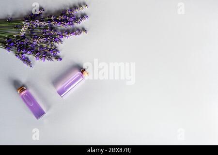 Lavender flowers and essential oil in glass bottles on light grey background, top view, flat lay. Copy space Stock Photo