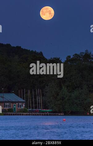 Rickmansworth, UK.  6 June 2020. UK Weather - June's full moon, known as a Strawberry Moon, sets at Rickmansworth Aquadrome in north west London.  June's full moon, according to The Old Farmer's Almanac, was the signal for Native American Algonquin tribes to harvest wild strawberries.  This month's full moon also coincides with a subtle penumbral eclipse, which occurs when the Earth casts a slight shadow over the Moon.     Credit: Stephen Chung / Alamy Live News Stock Photo