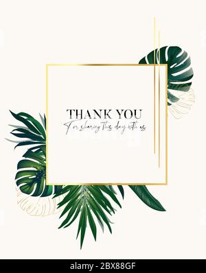 Exotic tropical leaves set in luxury golden frame. Gentle  boho rustic foliage jungle palm. monstera, ficus realistic vector. Can be used for cosmetic Stock Vector