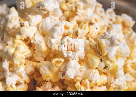 Buttered popcorn in macro photography. Stock Photo
