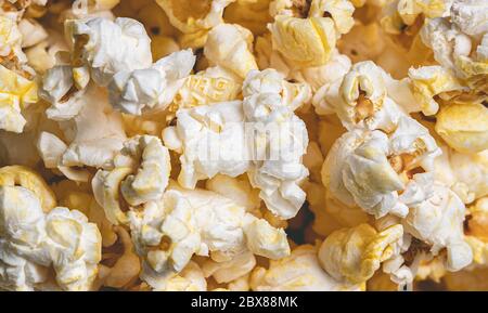 Buttered popcorn in macro photography. Stock Photo