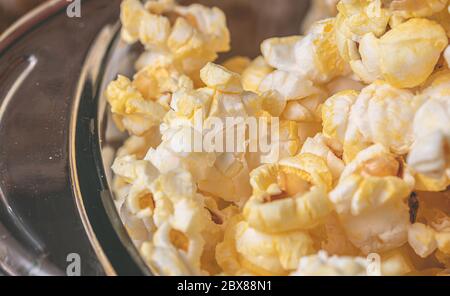 Buttered popcorn in macro photography. Stock Photo