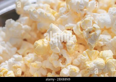 Buttered popcorn in macro photography. Stock Photo