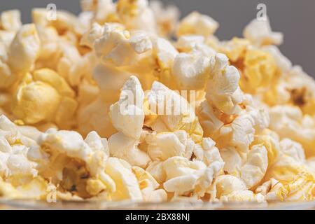 Buttered popcorn in macro photography. Stock Photo