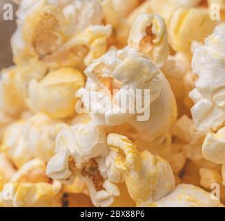 Buttered popcorn in macro photography. Stock Photo