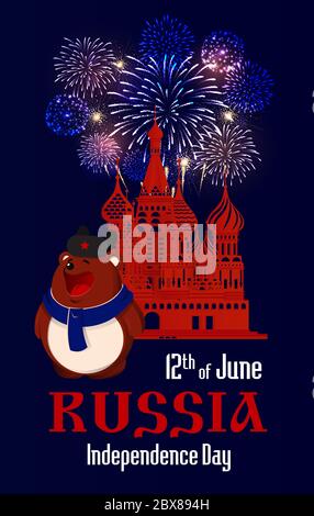 Russia Independence Day. 12 of June. St. Basil's Cathedral silhouette at the Red Square in Moscow.  Brown bear in hat and scarf. Fireworks. Stock Photo