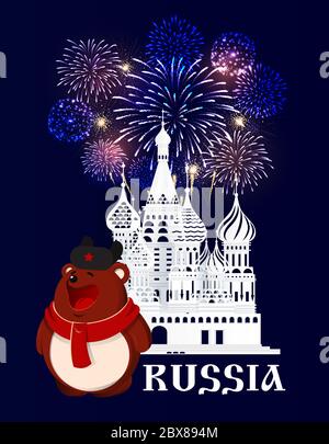 Russia. Moscow. Red Square. Brown bear in scarf and hat stays in front of St. Basil's Cathedral silhouette. Blue background with fireworks. Stock Photo