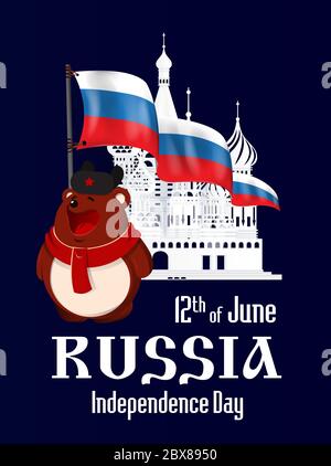 Russia Independence Day. 12 of June.  Brown bear in hat and scarf stays with Russian Flag in front of St. Basil's Cathedral silhouette at Red Square Stock Photo