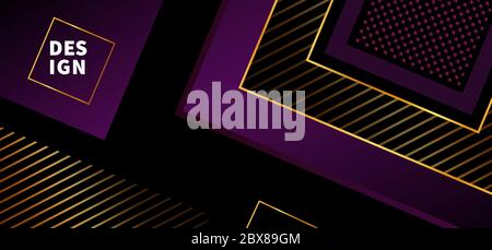 Modern design banner. Abstract background with dark red squares on a black. With bright gold stripes. Vector Luxury banner. Stock Vector