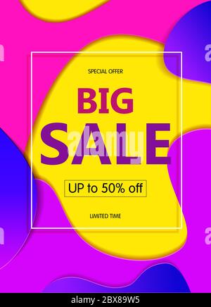 Bright abstract Banner sales with coloured blue, pink spots on yellow background. Poster text Big sale up to 50. Vector illustrations, paper art Stock Vector