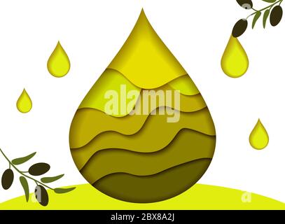 Bright golden drop of oil with olive branches, cut from paper. Template Banner Olive oil. Can be used for label design. Vector illustration. Stock Vector