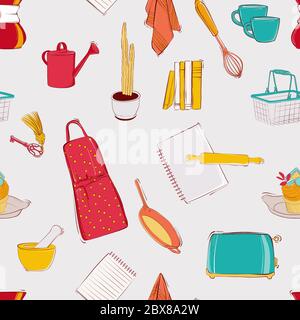 Cooking kitchen seamless pattern set. Home decor illustration: hand drawn flower, books, plate, apron and other housewifes elements. VEctor. Stock Vector