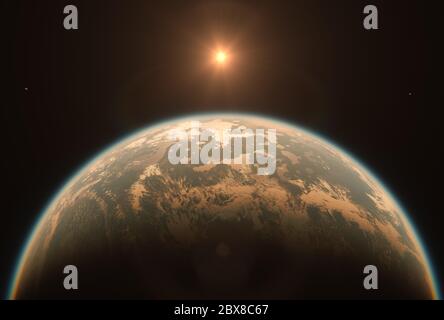 Horizon Landscape of Habitable Earth Like Planet with Two Moons and Sun in Space - Livable Exoplanet with Dual Moon Orbiting Red Dwarf System Stock Photo