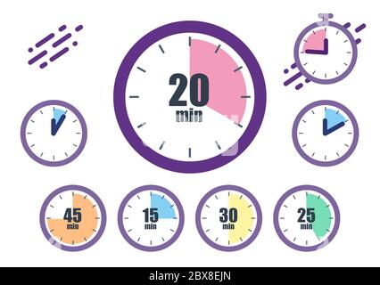 Big Set timers. Concept quickly approaching deadline. Clock icons with minutes remaining before the deadline and stopwatch. Flat style vector illustra Stock Vector