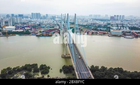 Drone view of Phu My bridge in Ho Chi Minh city. Vietnam Stock Photo