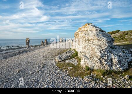 Langhammars on Fårö island in the Baltic sea. Langhammars is famous for its collection of limestone sea stacks. Stock Photo