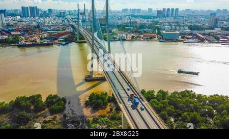 Drone view of Phu My bridge in Ho Chi Minh city. Vietnam Stock Photo