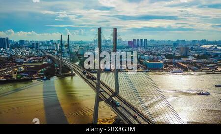 Drone view of Phu My bridge in Ho Chi Minh city. Vietnam Stock Photo