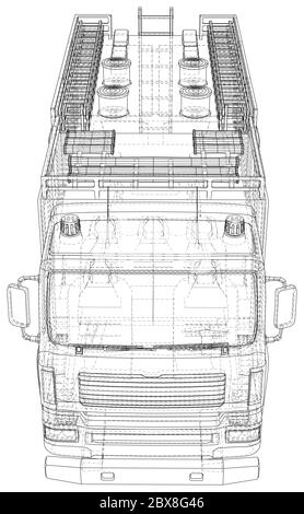 Fire Engine vector. Fire truck Wire-frame line isolated. Vector rendering of 3d. Stock Vector
