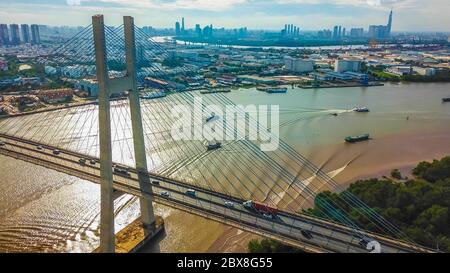 Drone view of Phu My bridge in Ho Chi Minh city. Vietnam Stock Photo