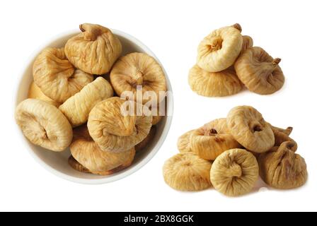 Collage of figs isolated on white background. Ripe dried fruit close-up. Set of figs. Dried figs isolated on white. Heap of dried figs on a white back Stock Photo