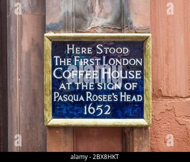 Plaque at the site of London's first coffeehouse, founded by Pasqua Rosée, in 1652,  St Michael's Alley, Cornhill, London, UK. Stock Photo