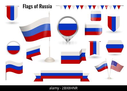 A large set of icons and signs with the flag of the Russia. Square and round Russia flag. Collection of different types of horizontal and vertical. Stock Vector
