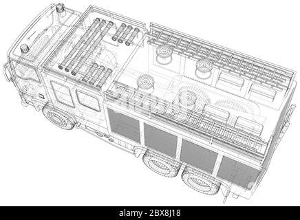 Fire truck. Fire Engine Vector illustration. Wire-frame line isolated. Vector rendering of 3d. Stock Vector