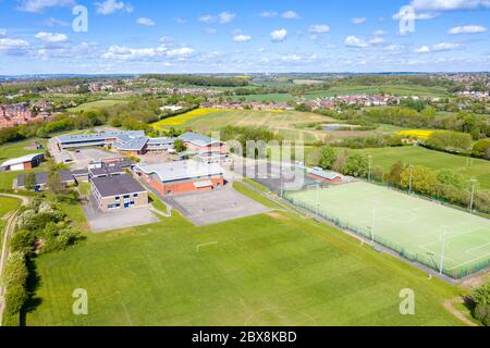 Castleford UK, 29th April 2020: Aerial photo of the Brigshaw High School and School grounds, taken in the village of Castleford in Wakefield West York Stock Photo