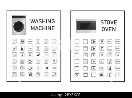 Oven and washing machine functions and settings icon set. Manual symbol collection. Vector graphic illustration Stock Vector