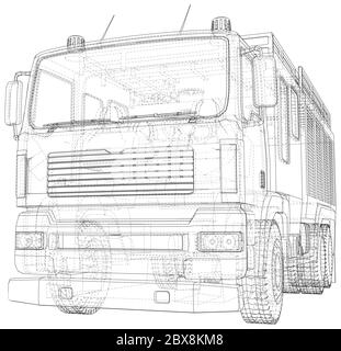 Vector Wire-frame isolated Fire truck on background. Vector rendering of 3d. Stock Vector