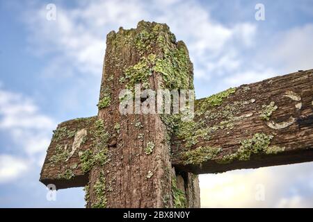 Lichen growing on an old footpath sign in South Wales. Stock Photo