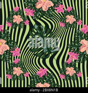Exotic seamless pattern with tropical leaves and flowers on a black background. Striped background. Stock Vector