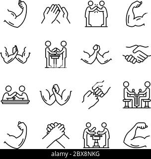 Arm wrestling icons set, outline style Stock Vector