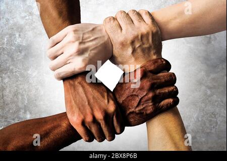 multiracial group with black african American Caucasian and Asian hands holding each other wrist in tolerance unity love and anti racism concept isola Stock Photo