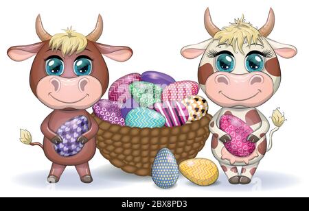 Cute cartoon cow, a bull with an Easter egg, next to a basket of eggs, symbol 2021 on the eastern calendar. Stock Vector