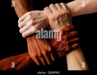 multiracial group with black african American Caucasian and Asian hands holding each other wrist in tolerance unity love and anti racism concept isola Stock Photo