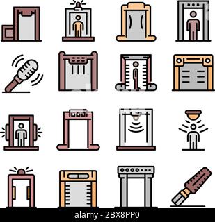Metal detector icons set, outline style Stock Vector