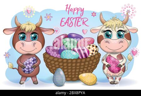 Cute cartoon cow, a bull with an Easter egg, next to a basket of eggs, symbol 2021 on the eastern calendar. Stock Vector
