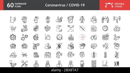 Coronavirus and COVID-19 icons multipurpose, handmade, vector images, with editable stroke. Stock Vector