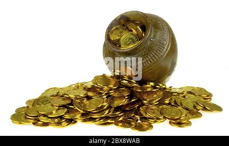 Gold coin in treasure old pot on white background Stock Photo