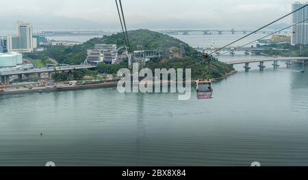 View of the bay from Ngong Ping 360 cable cars, Lantau Island, Hong Kong Stock Photo