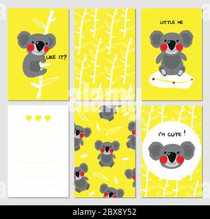 Set of cards with cute koala bear, set of seamless patterns with koalas and bamboo trees Stock Vector