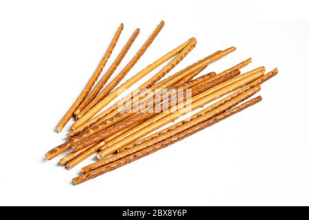 Pile of pretzel sticks isolated on white background Stock Photo