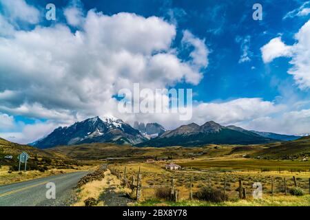 National Park Torres Del Paine in Chile seen from a entrance road Stock Photo
