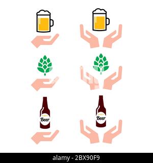 Love beer bottle and glass, hops with hands icons set - alcohol drink, craft beer design Stock Vector