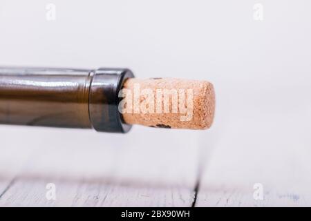 Cork in a bottle of wine close up with copy space for text. Template for greetings. Stock Photo