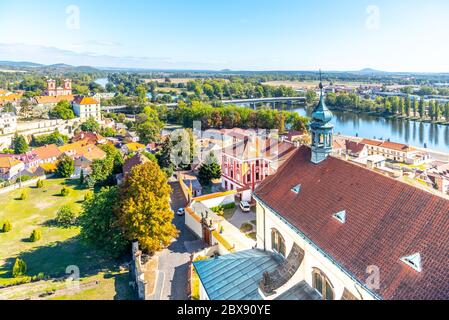 Aerial view of Litomerice and Labe River from cathedral bell tower on sunny summer day, Czech Republic. Stock Photo