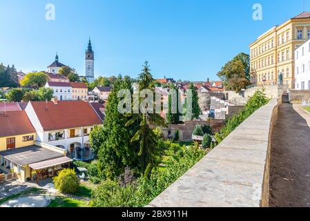 Litomerice cityscape with baroque St. Stephen's Cathedral and bell tower, Litomerice, Czech Republic. View from fortification walls and baileys. Stock Photo