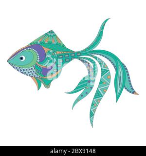 Zentangle stylized Fish. Hand Drawn doodle vector illustration isolated on white background. Sketch for tattoo or makhenda. Sea food collection Stock Vector